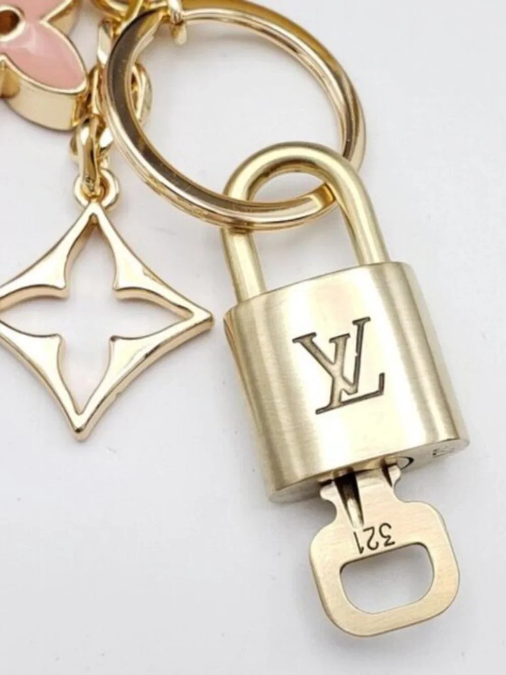 Authentic Louis Vuitton Gold Lock & Key ✨ Unbranded Flower Bag Charm Keychain